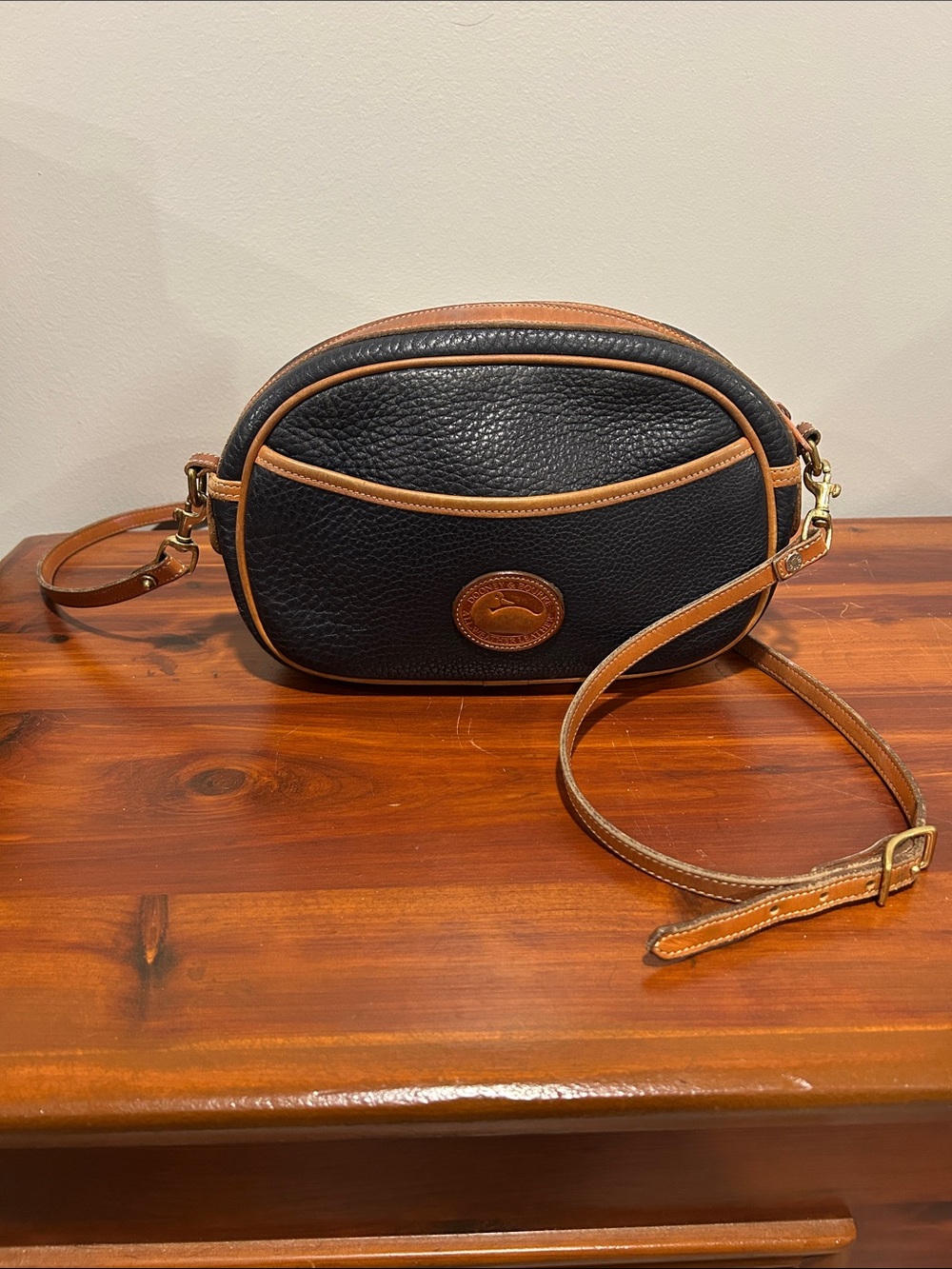 Dooney & Bourke Black Pebbled Leather Crossbody with Tan Trim